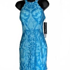 NEW AVA PRESLEY halter sequin homecoming dress in neon turquoise
